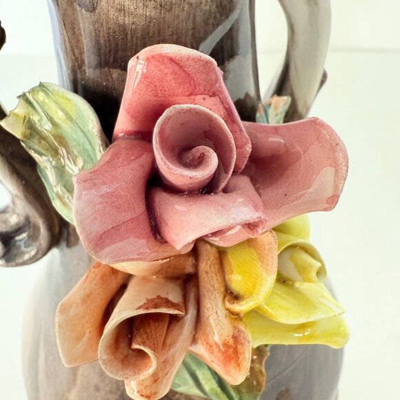Capodimonte Bud Vase VTG Italian Dual Handles Flared Rim Applied Roses Floral - Picture 11 of 16